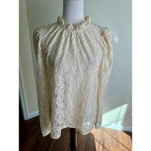 LOFT Ivory Lace Mock Neck Blouse Gold Thread Detail Long Sleeve Romantic Top L